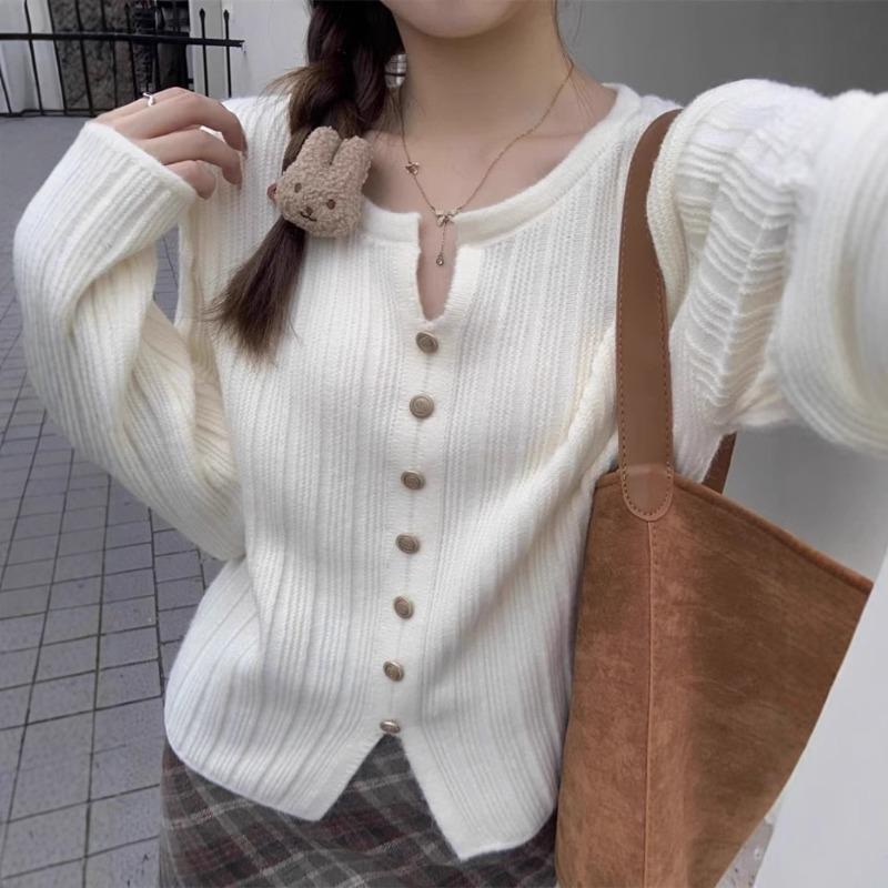 Soft Waxy Pit Strip Long-sleeved Knitted Sweater Women's Autumn and Winter New Design Sense Split Fork with Thin Top