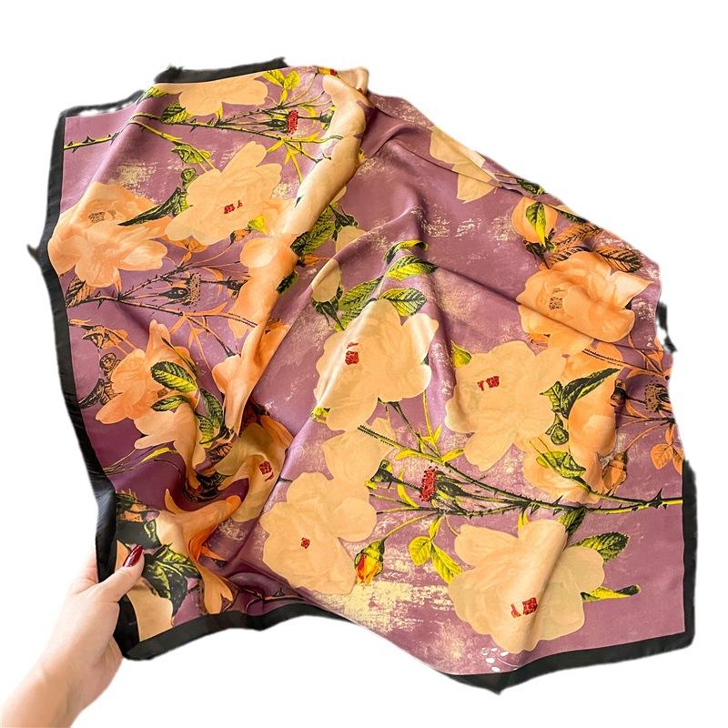 91Cm simulated silk drying decorative shawl autumn and winter scarf headscarf printed flower women's square scarf pattern temperament travel preventio
