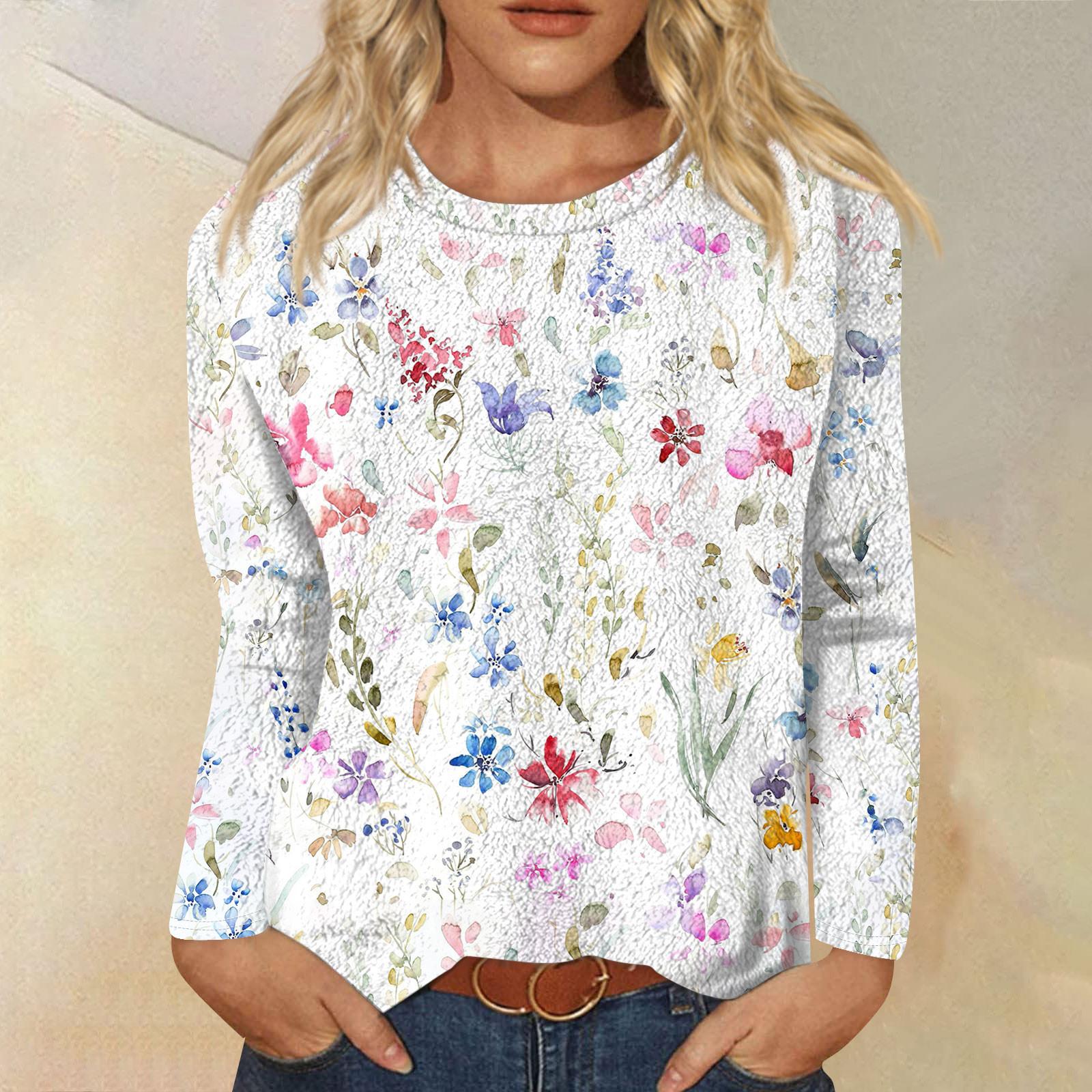 

Women s Fashion Casual Printed Flannel Long Sleeve Printed Round Neck T-Shirt Top S білий