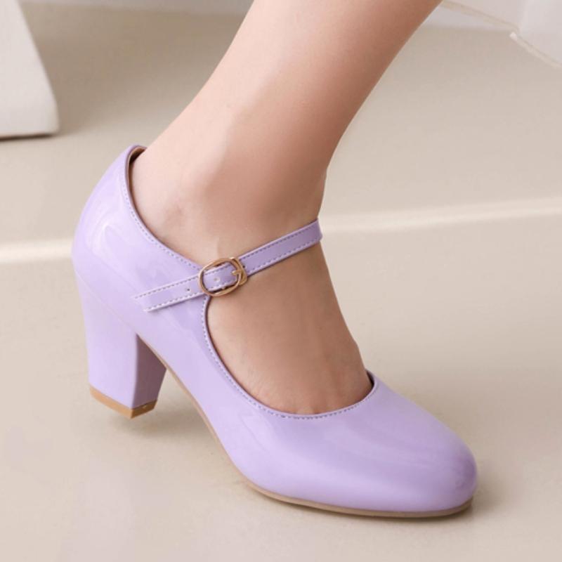 Women's Block High Heels Pumps Big Size 45 Lolita Mary Jane Shoes Elegant Black Red Pink Blue Heeled Office Wedding Shoes Ladies