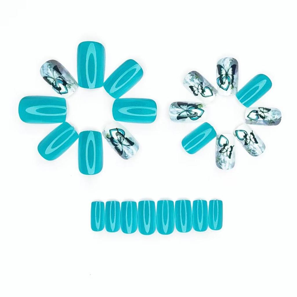 Blue Butterfly Medium-Long Nail Art Tips - 24 Pieces