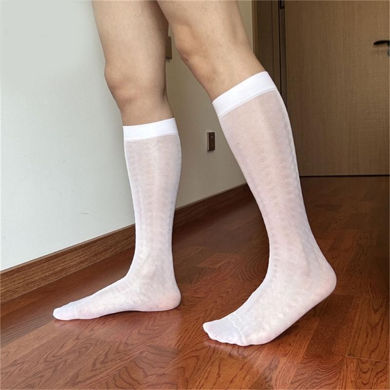 Men Thin Business Dress Socks Stretchy Nylon Sheer Knee Highs Dress Socks Over the Calf Dress Socks Sheer Casual Socks