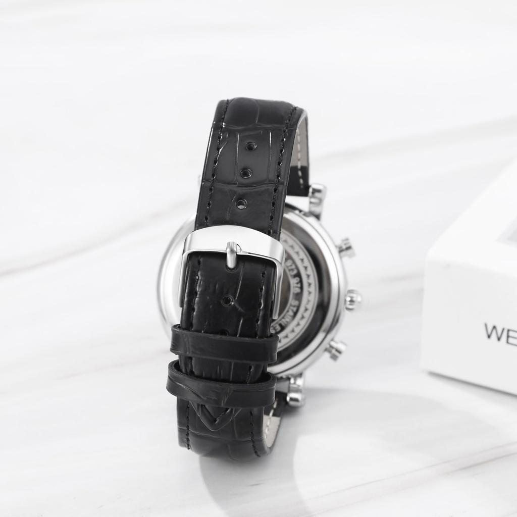 Starry Sky Watch Genuine Leather Strap Roman Alphabet Analog Display Luminous Calendar Moon Phase 3ATM Waterproof Quartz Leisure Business Stylish