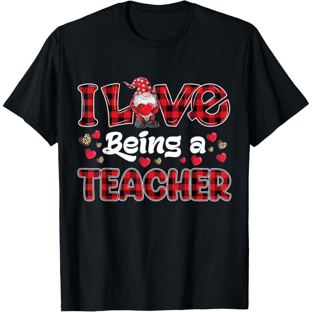 I Love Being Teacher Red Plaid hearts gnome Valentine s Day Cotton Men T Shirt 3XL чёрный