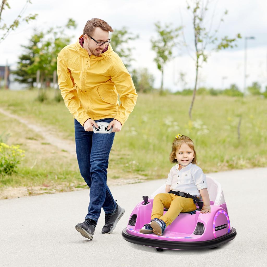 360 Degrees Rotation Kids Bumper Car, 12V Waltz Car with Remote Control, Dual Joystick, Music, Lights, Pink