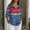 Women's V-Neck Button Three-Quarter Sleeve Casual Independence Day Print Pullover T-Shirt