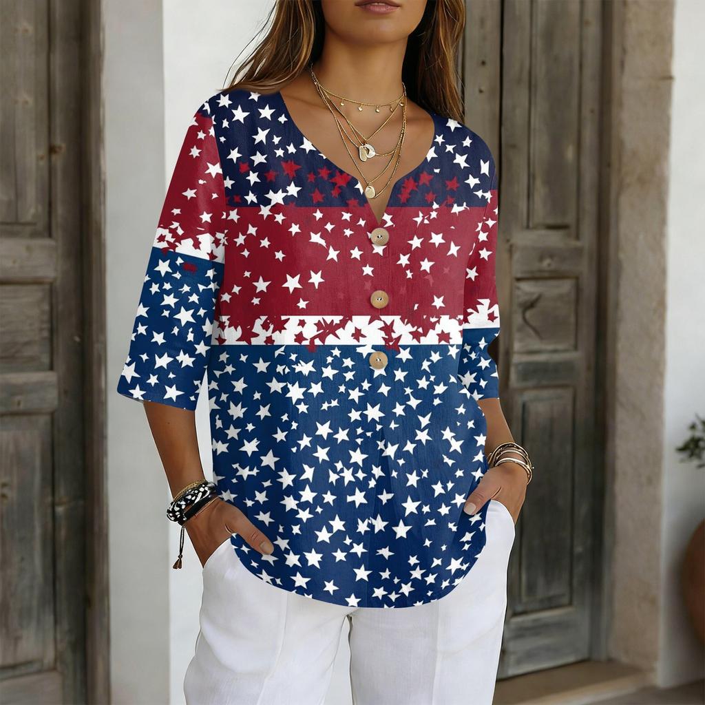 Women's V-Neck Button Three-Quarter Sleeve Casual Independence Day Print Pullover T-Shirt