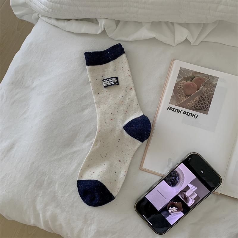 Navy Blue Series ~ Fabric Label Letter Socks, Women's Dot Yarn Contrasting Color Striped Pure Cotton Pile Socks, Mid-calf Socks