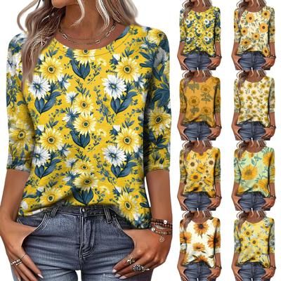 Top Camiseta Casual Feminino Moderno com Gola Redonda, Manga Três Quartos e Estampa