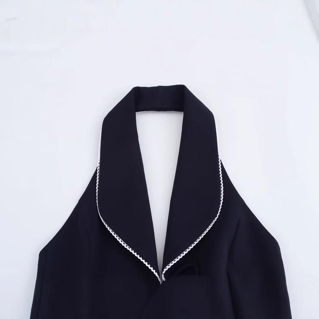 Spring 2025 Women's European & American Style Halter Neck Top with Bow Decor & Patchwork