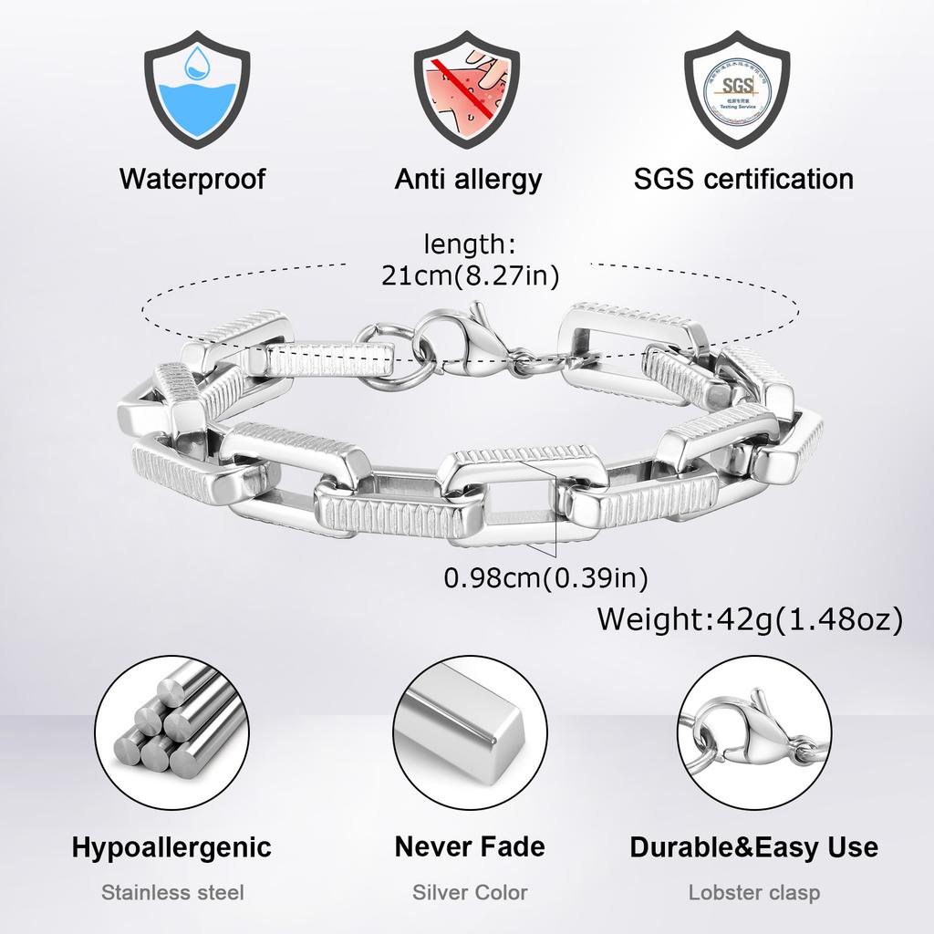 Chunky Rectangle Chain Bracelet for Men,Stainless Steel Textured Square Chain Wristband,Valentine's Father's Day Birthday Gift