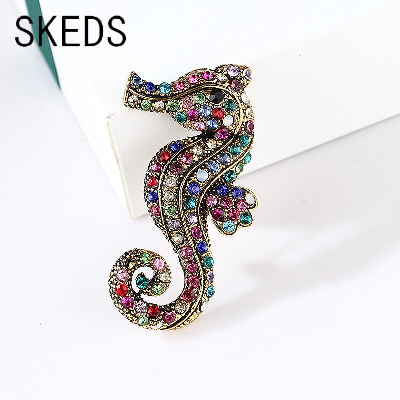 SKEDS Изысканные Винтажные Женские Девичьи Цветные Хрустальные Значки-Броши в Виде Морского Конька Для Женщин Мужчин Креативный Животный Бутик Броши на Пальто