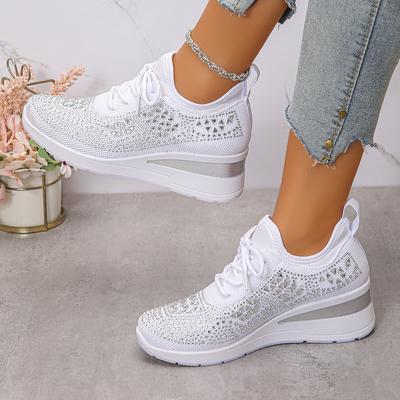 Fashion Autumn Women's Shiny Rhinestone Wedge Sneakers Breathable Knit Walking Shoes Woman Plus Size Fashion Thick Sole Vulcanize Shoes