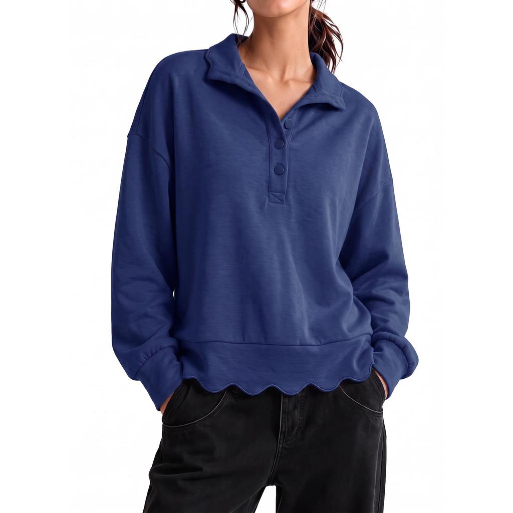 Women's Neck Sweatshirt Pullover Top with Scalloped Hem for Casual Everyday Wear