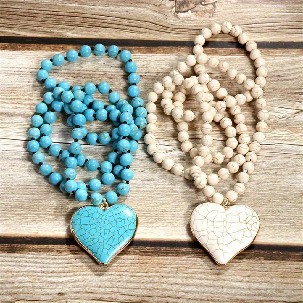 Women's Vintage Turquoise Beaded Necklace Heart Pendant Ethnic Style Neckchain Bohemian Long Sweater Chain Jewelry