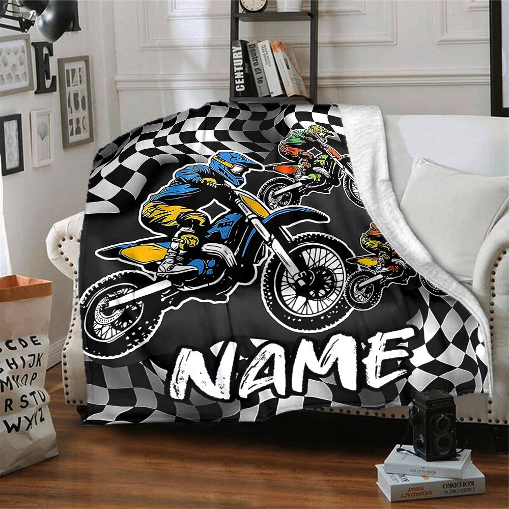 Coperta stampata a tema moto da fuoristrada con nome personalizzato - Perfetta per divano, letto, viaggi e uso all'aperto | Lavabile in lavatrice, accogliente e resistente.