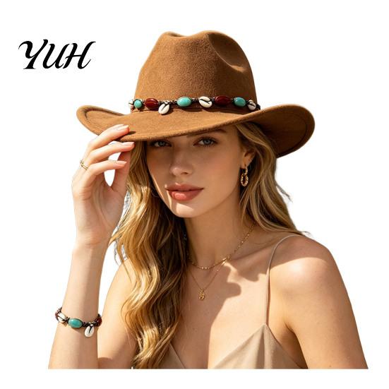Vintage Style Headwear Wool Felt Fedora, Unisex Western Cowboy Hat, Retro Wide Brim Hat Cowgirl Jazz for Women Men Autumn Winter Travel Accessories