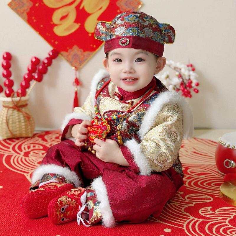Children's Chinese Tang Suit: Boys' First Birthday Autumn/Winter Set with Grab-the-Week Hat & Festive Outfit