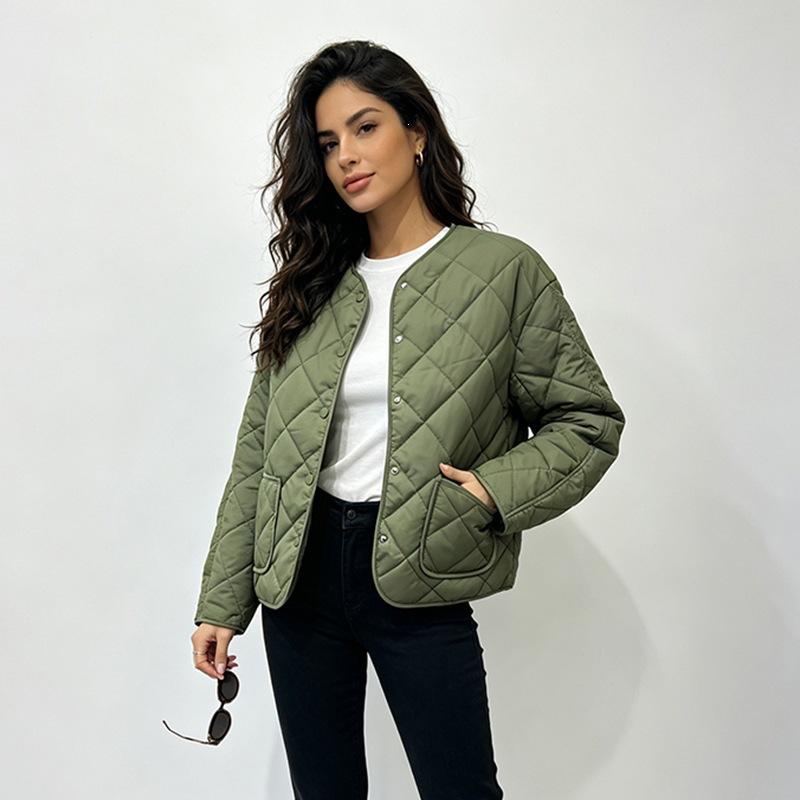 Light and thin cotton-padded clothes for women's winter new rhombus lattice pressure cotton-padded clothes jacket Hong Kong style bread clothes cotton