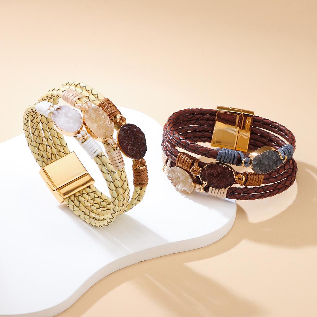 Bohemian Multi-Layer Braided Leather Bracelet with Natural Stone & Magnetic Clasp for Women Fashion Jewelry Gift