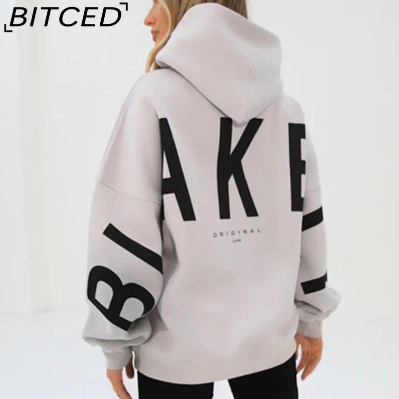 BITCED Damenmode Print Verdicktes Vielseitiges Langarm Oversize Kapuzensweatshirt