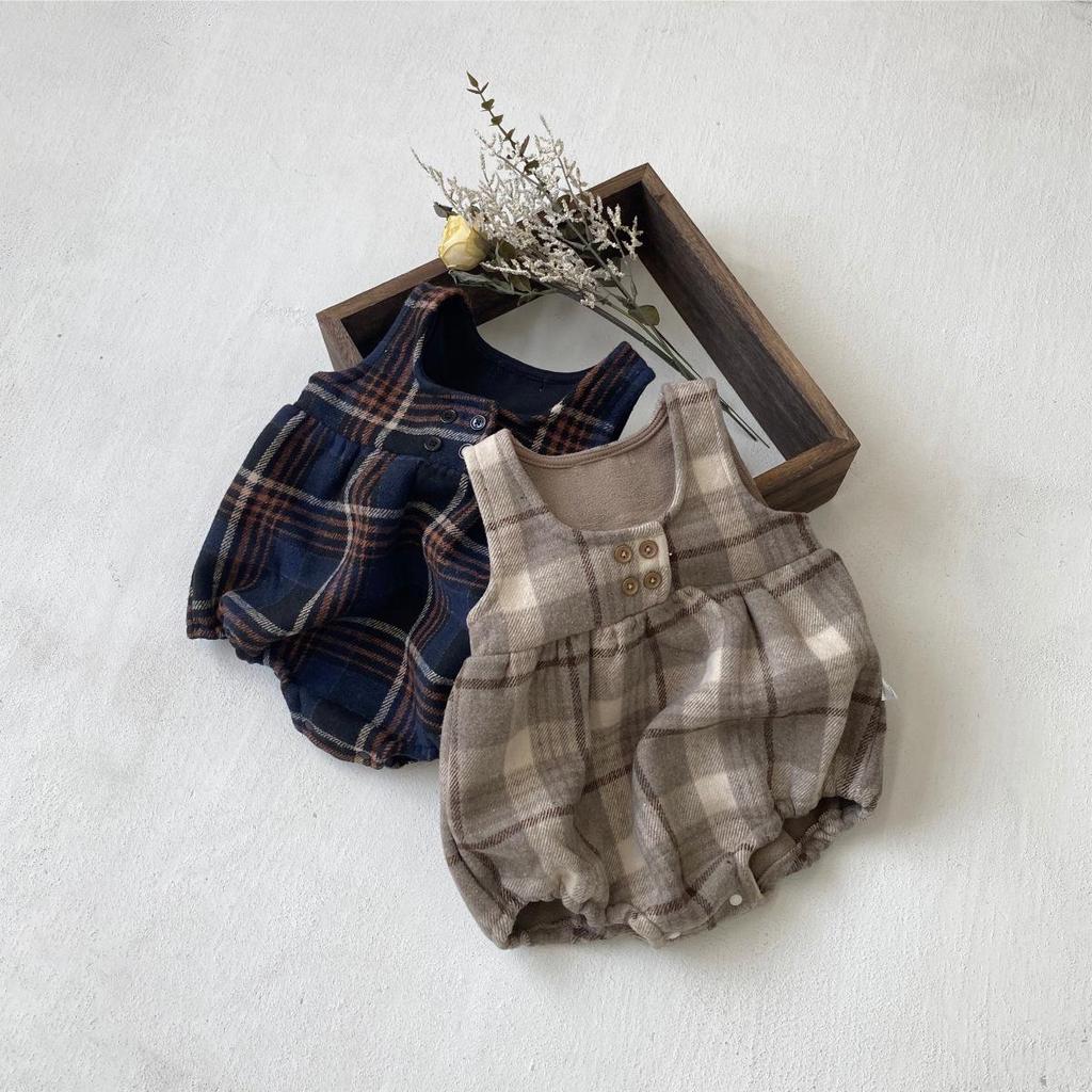 Stylish Plaid Wool Fleece-Lined Baby Girl Romper with Footie Straps