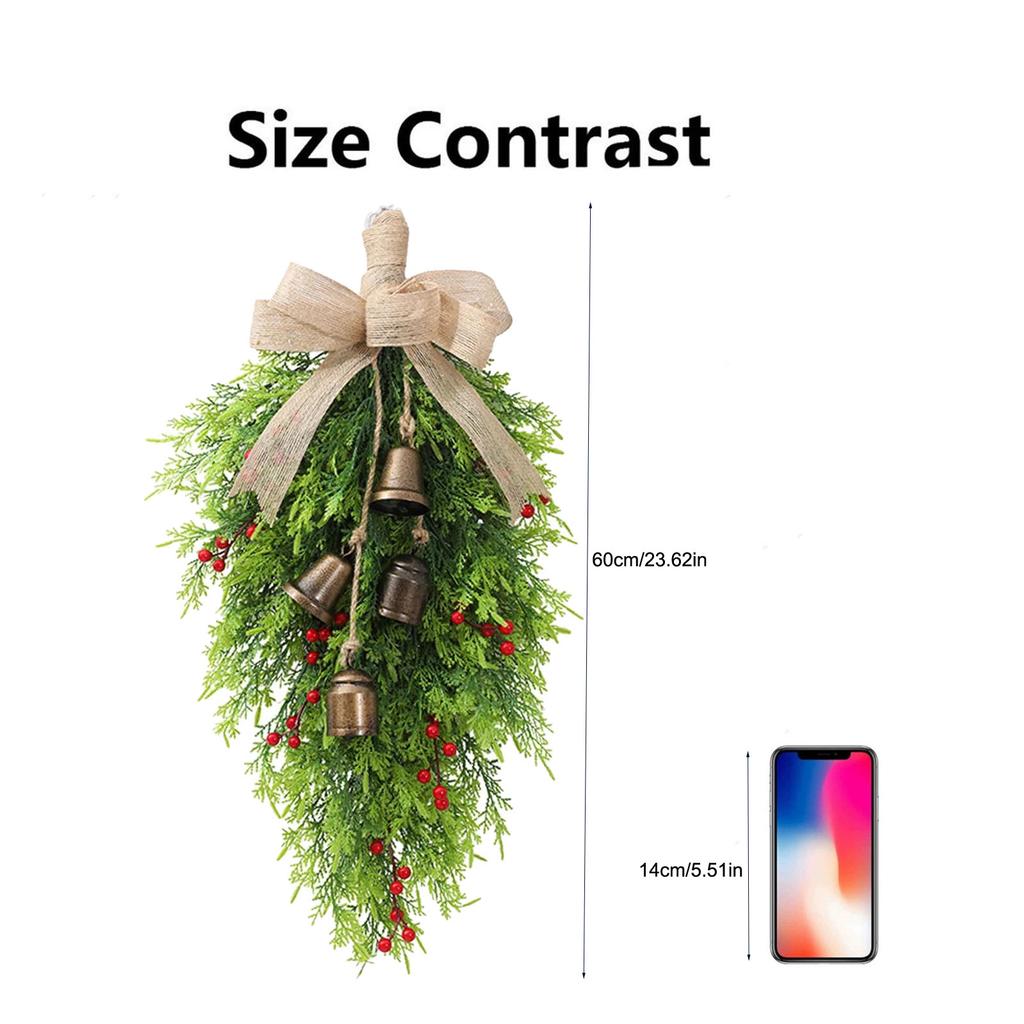 23.6 Inch Christmas Teardrop Swag, Artificial Cedar Teardrop Wreath With Bright Red Berries And Shining Golden Bells, Christmas Galand Swags For Front