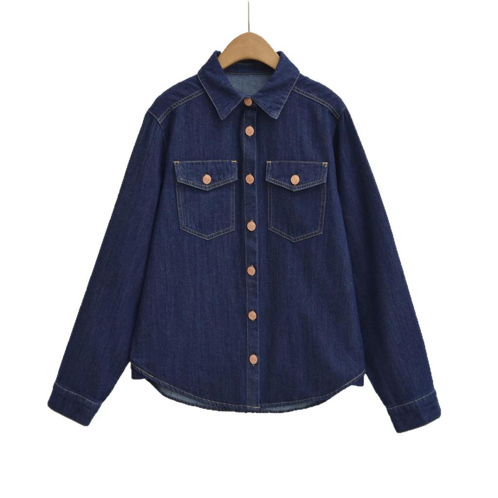 European Retro Dark Blue Denim Shirt for Women - Early Spring 2026 Fashion, Loose Fit with Lapel Collar.