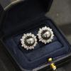 French Vintage Black Pearl Flower Stud Earrings Exaggerated Personality Exaggerated Exquisite Diamond Set Versatile Earrings Silver Needle Earrings Wo