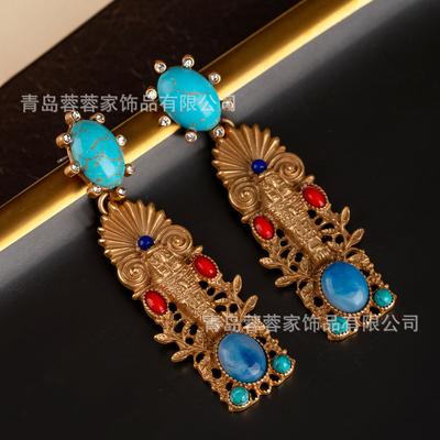 Exotic Ethnic Style High-end Earrings Classical Retro Turquoise Geometric Antique Heavy Industry