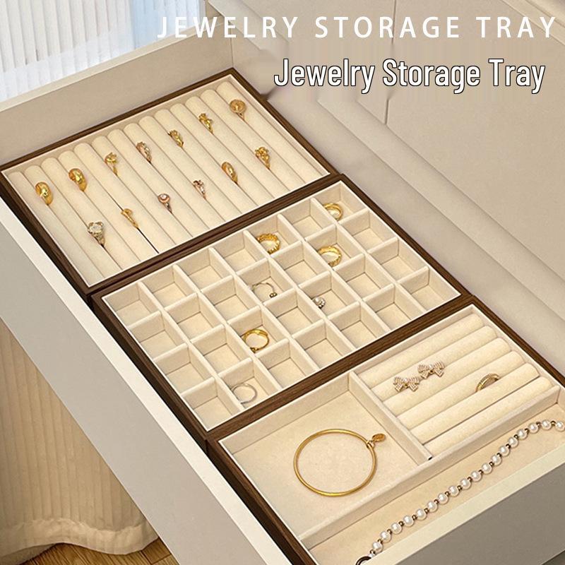 Walnut Grain Jewelry Tray with Large-Capacity Multi-Compartment for Rings, Necklaces, and Earrings
