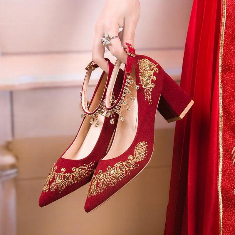 FHC Embroidery Flower Bride Wedding Shoes,Women Pumps,Rhinestone Ankle Strape High Heels,Pointed Toe,Wine-red,Dropship