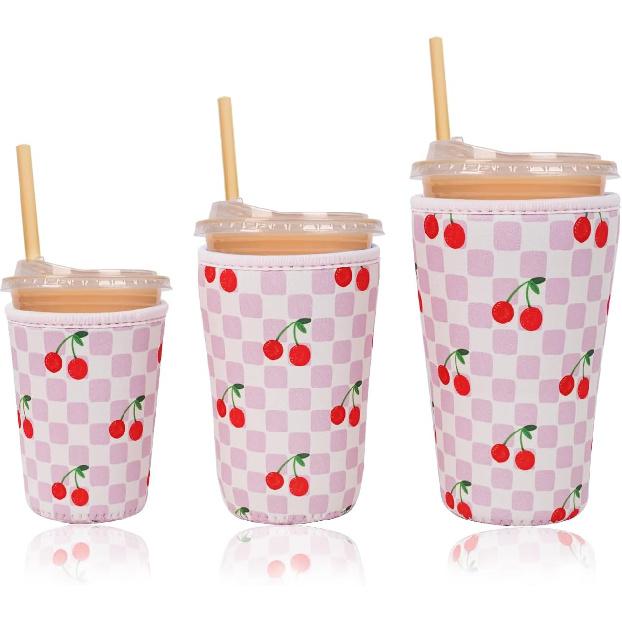 Reble Ulated Neoprene Iced Coffee Cup Sleeve, Durable Drink Sleeve for Cold Beverages, Beverage Holder for Iced Coffee, Floral Checkers