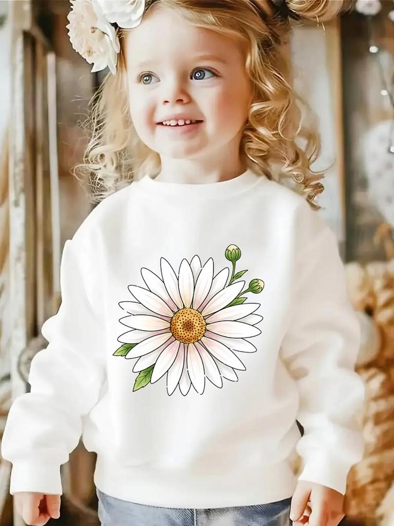 Crewneck Sweatshirt for Girls Featuring a Daisy Design with Green Leaves And Buds. It'S Machine Washable