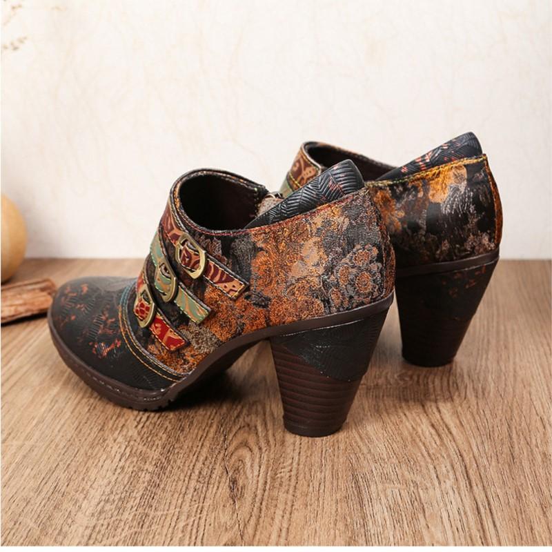 Johnature Genuine Leather Pumps Women Shoes Retro Round Toe Fashion High Heels Printed Handmade Ladies Shoes