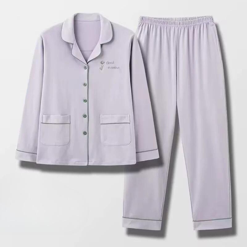 Pigiama in Cotone da Donna Primavera e Autunno Manica Lunga Indumento Esterno Servizio Casalingo Coreano Completo Camicia e Pantaloni a Manica Lunga