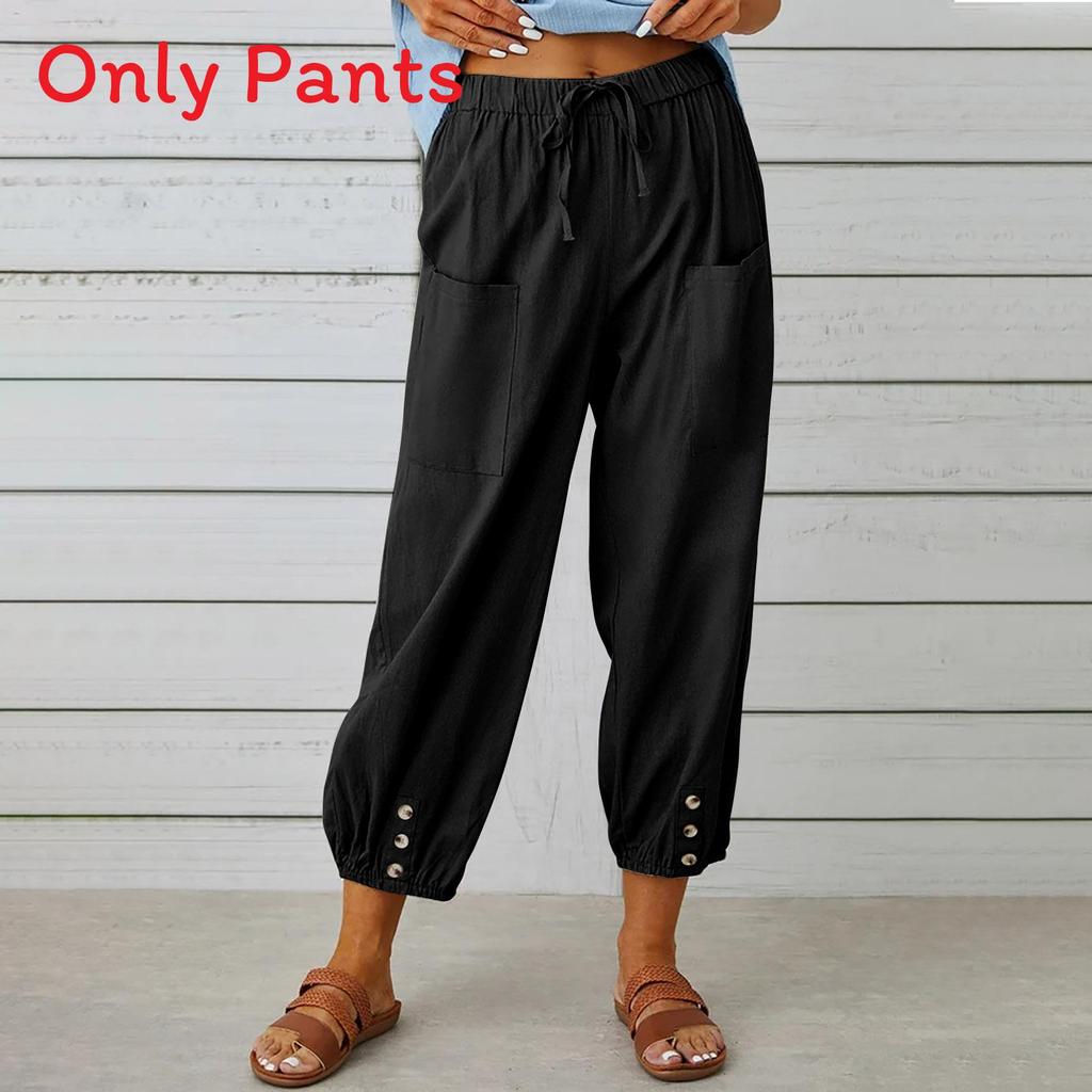 Polyester Blend Casual Pants For Women With Button Detail And Elastic Waist