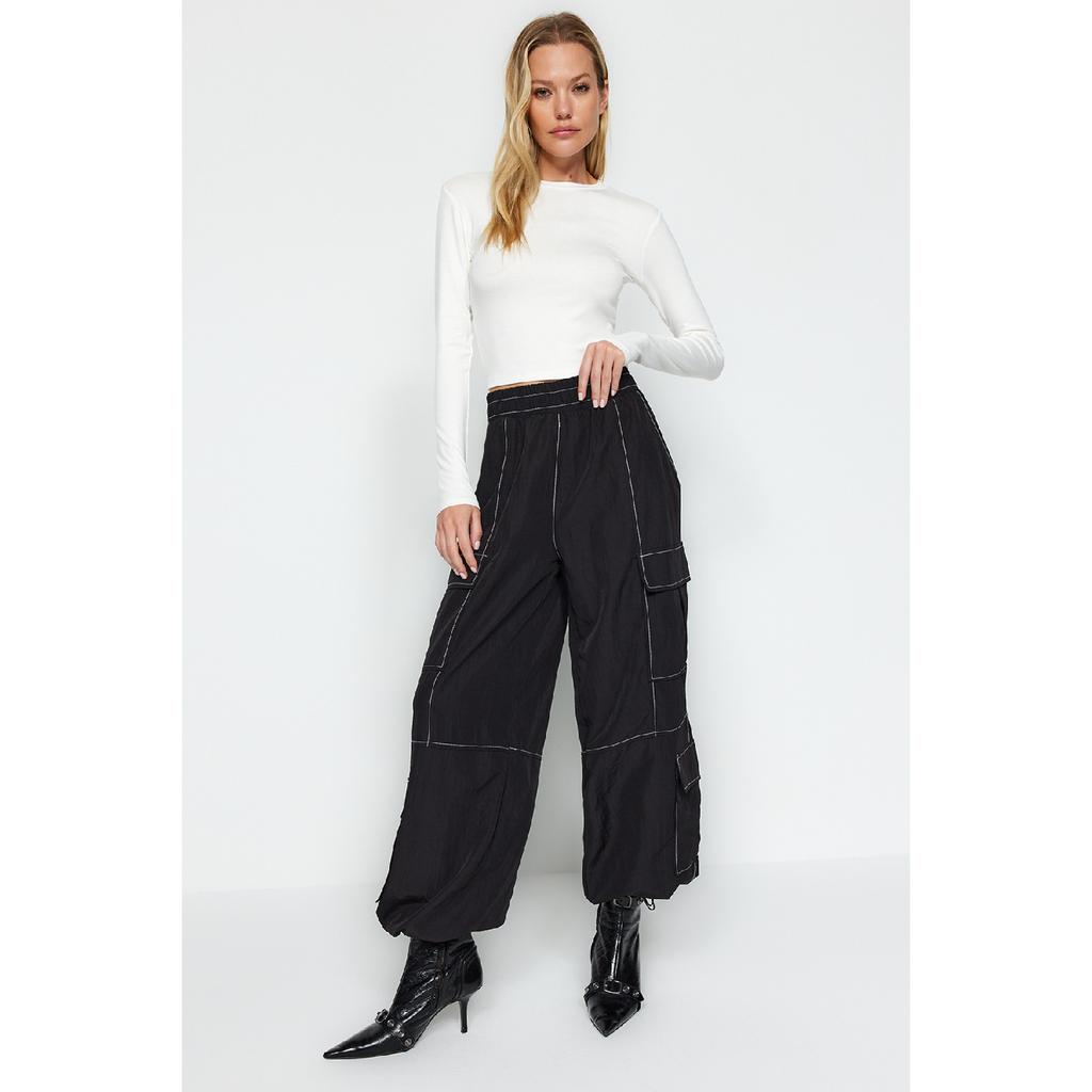 Ecru Premium Viskose Rundhals Crop Dehnbarer Strickbluse Twoaw24bz00116