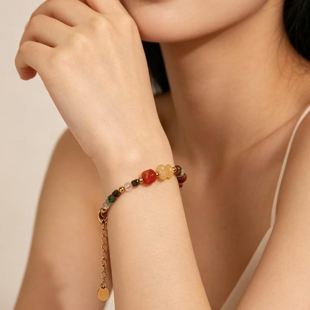 Colorful Retro Bracelet & Necklace Set with Natural Stone, Freshwater Pearls, Seed Beads & Durable Clavicle Chain