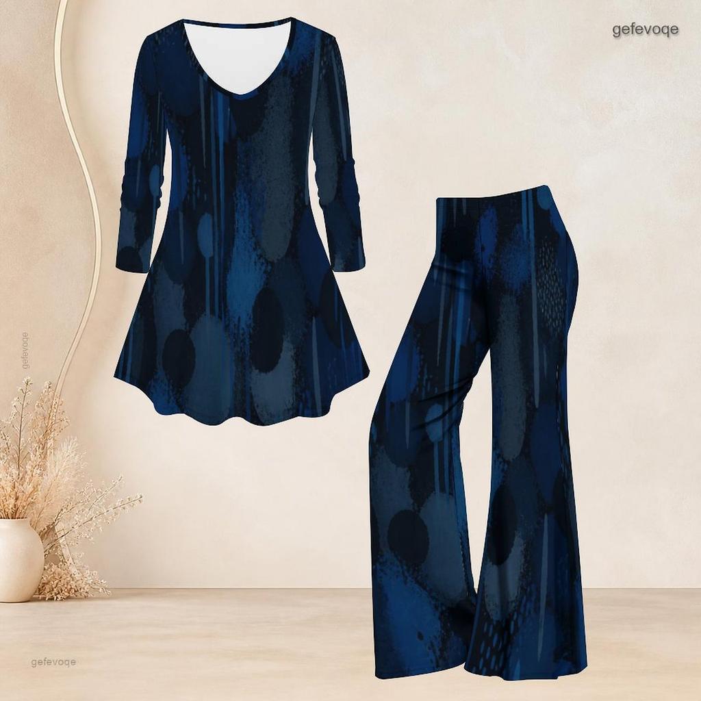 Women Plus Size Round Neck Three Quarter Sleeve Printed Flared Top Flared Pants Two Piece Set