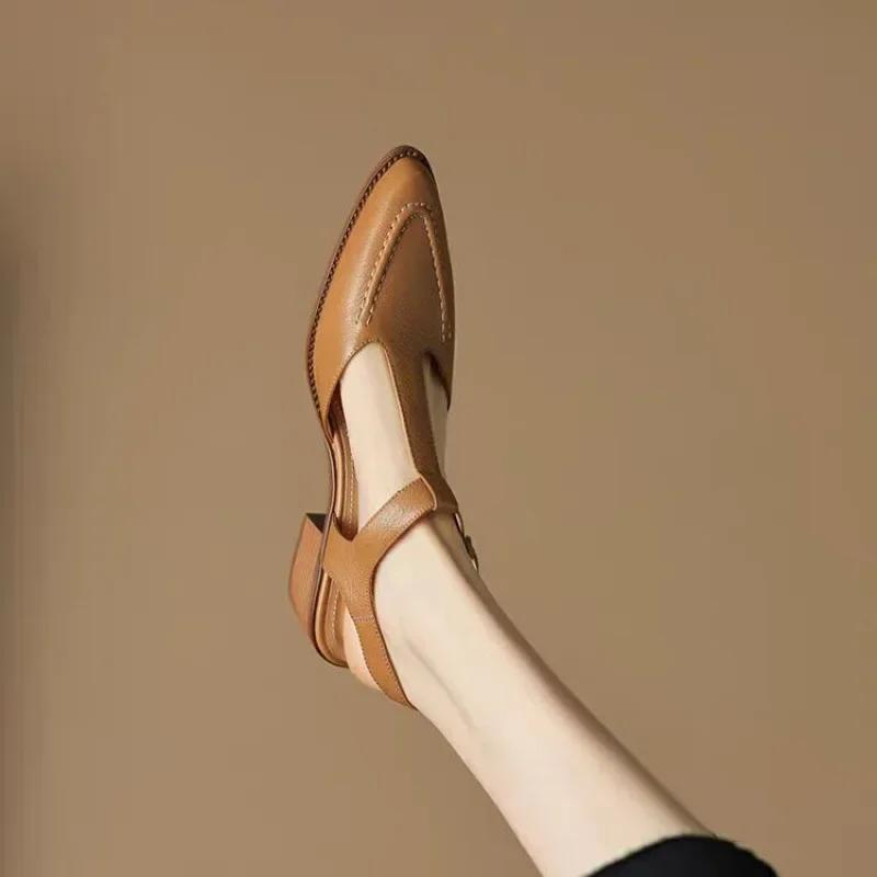 Fashion Women's Sandals Soft Leather Pointed Toe Wide Strap Buckle Single Shoes Rubber Sole China Made Ladies Shoes