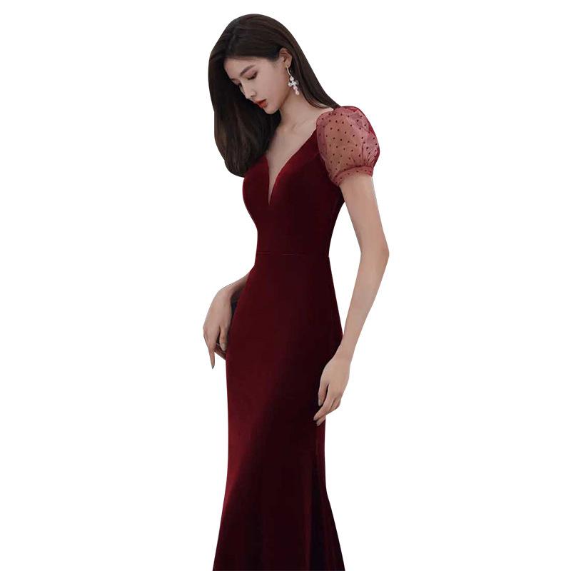 Fishtail Toast Bride 1011 New Summer Velvet Burgundy Wedding Sexy Evening Dress Dress Slim Temperament