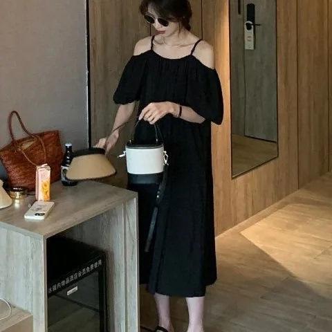 French suspender one-word shoulder green dress women's summer 2026 new loose off-the-shoulder high-end dress