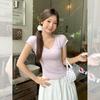 Tencel White V-neck Front Shoulder Short-sleeved T-shirt Women's Summer New Xiaofei Sleeves Slim-fitting Age-reducing Waist Top
