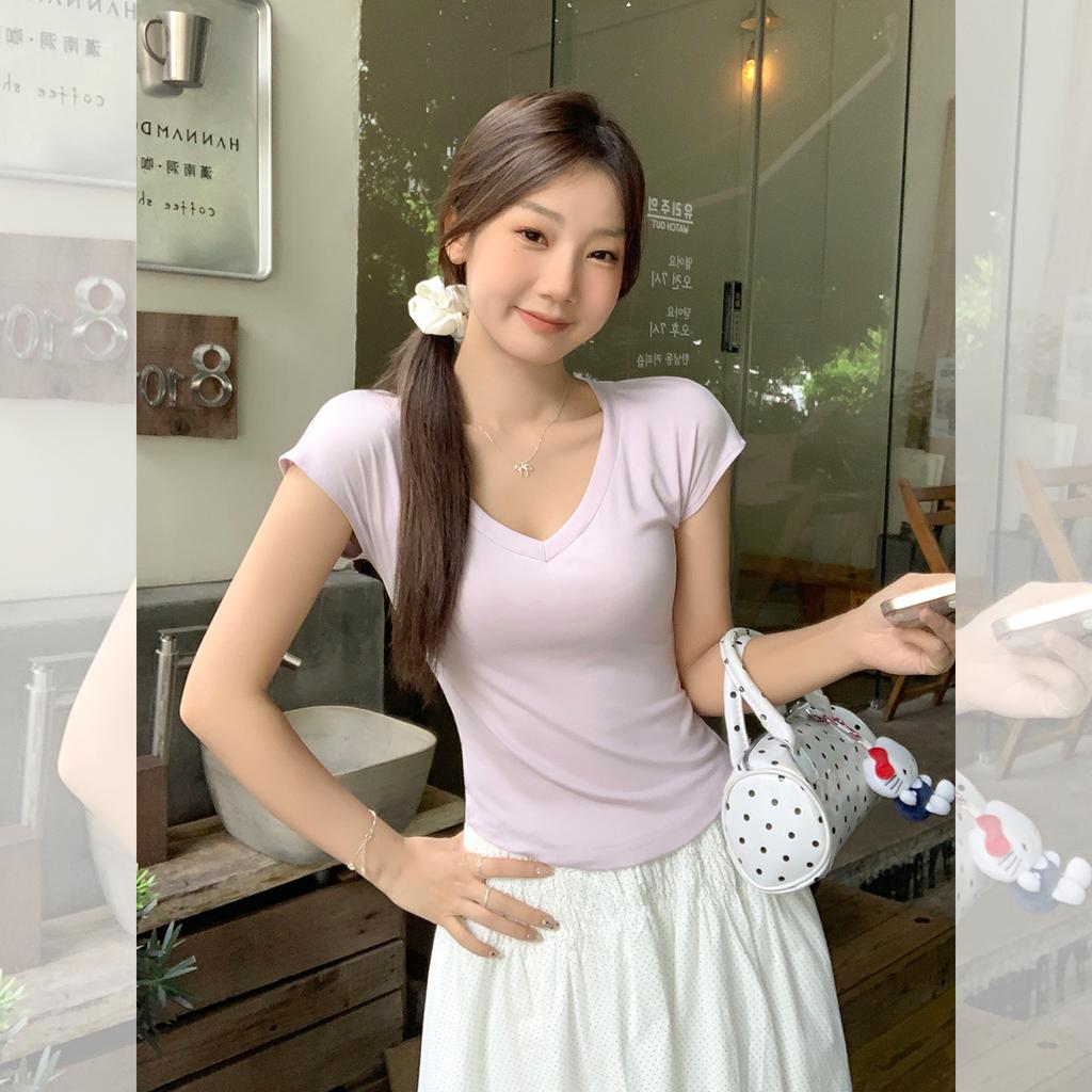 Tencel White V-neck Front Shoulder Short-sleeved T-shirt Women's Summer New Xiaofei Sleeves Slim-fitting Age-reducing Waist Top