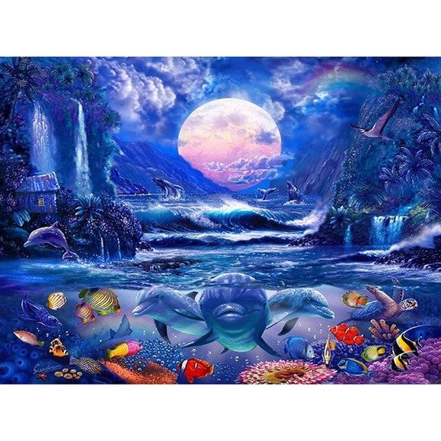 Animal Dolphins with Fish 5D Diy Diamond Painting Full Round Drill Mosaic Diamond Embroidery Rhinestones Home Decoration