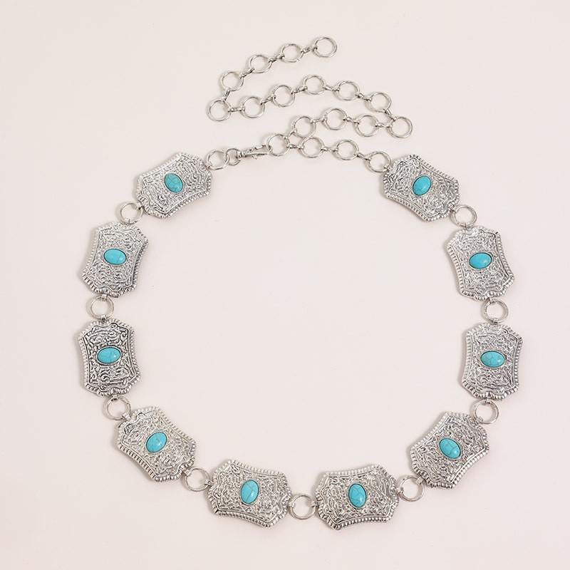 

Boho Artificial Turquoise Waist Chain For Women Featuring Carved Metal Details For Spring And Fall срібний
