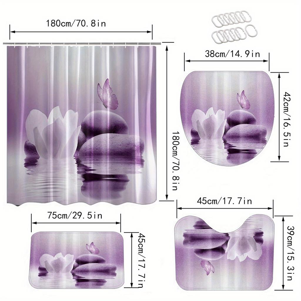 4Pcs Purple Zen Garden Shower Curtain Set with Non-Slip Bath Mat, Toilet Lid Cover, Contour Rug & 12 Hooks, Bathroom Decor
