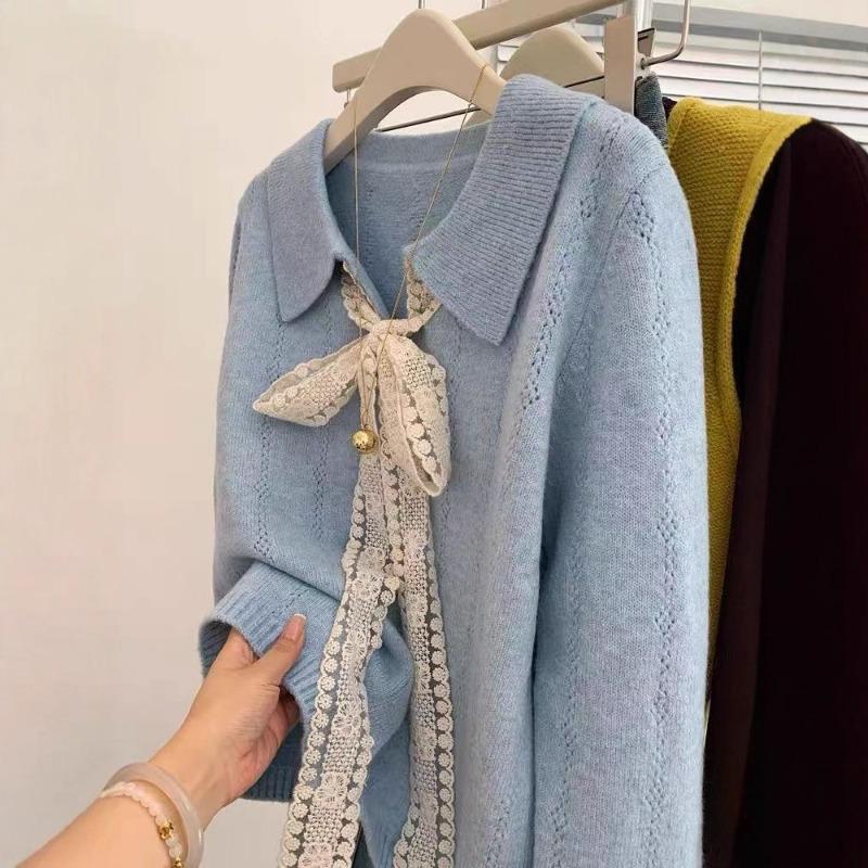 Blue Lace Lace-up Lapel Long-sleeved Knitted Sweater Cardigan Jacket Women's New Early Autumn Top