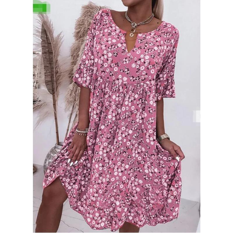 

2026 Summer Women Floral V Neck Short Sleeve A Line Dress Plus Size Loose Elegant Party Casual Midi Dress with Pockets 3XL рожевий
